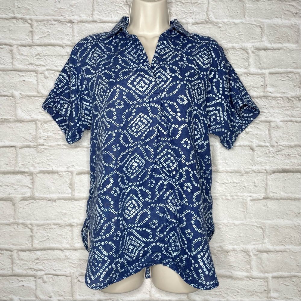 LANDS' END Linen Tunic Top Women’s S Blue White Pullover Shirt Short Sleeve